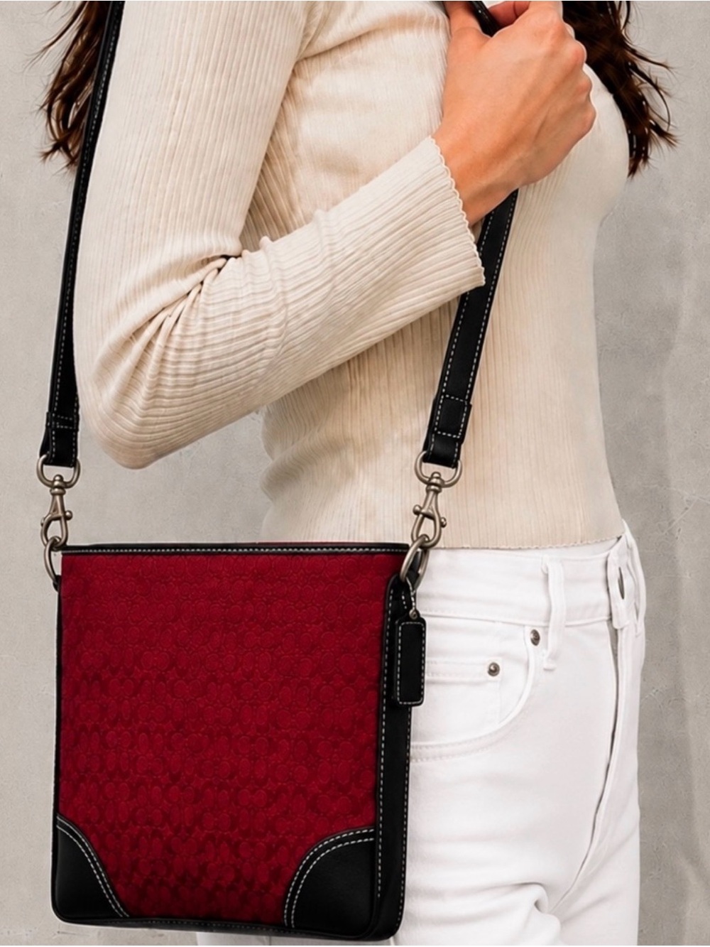 Coach Y2K Red Mini Signature Crossbody Bag with Mahogany Brown Leather accents